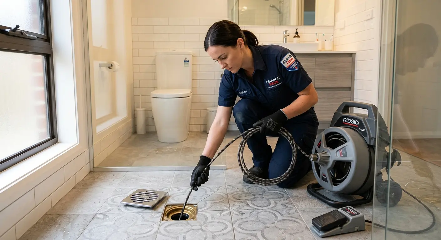 Technician clearing a bathroom floor drain for Drain Cleaning in Ontwa